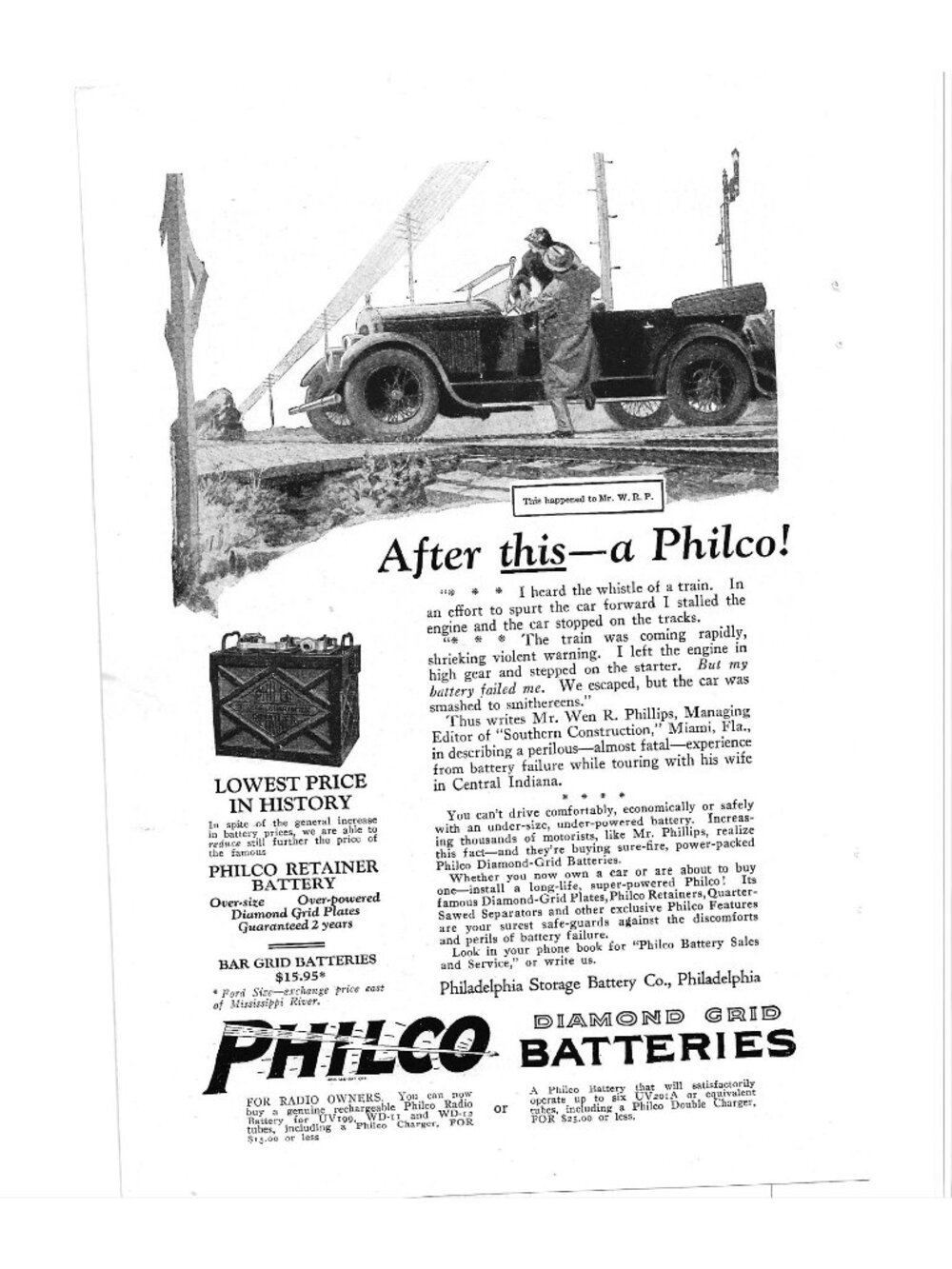 Vintage Philco Diamond Grid Car Battery Print Ad 1920s Train Accident Story